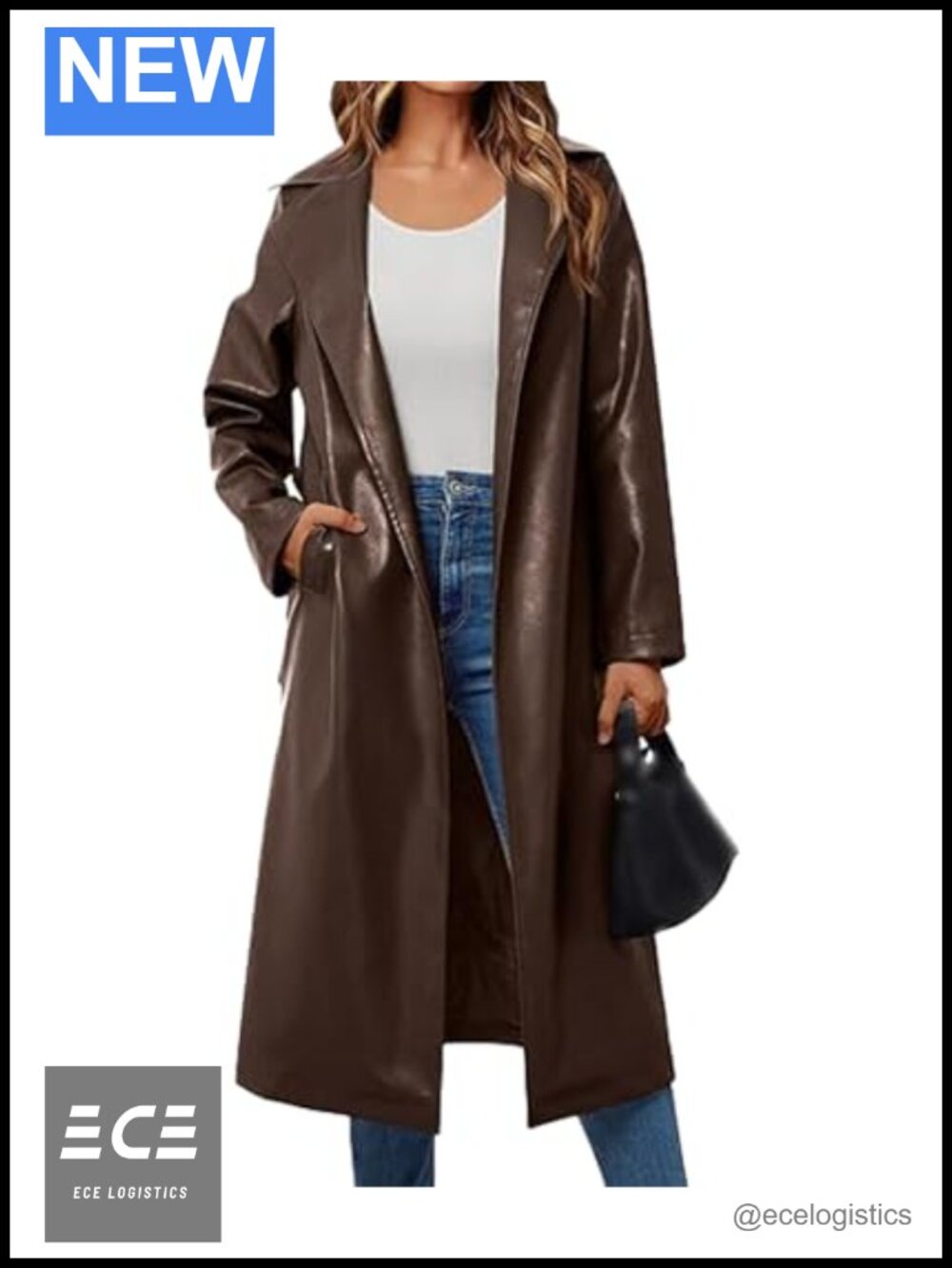 Faux Leather Trench Coat Notched Lapel Open Front Belted Maxi Jacket Women